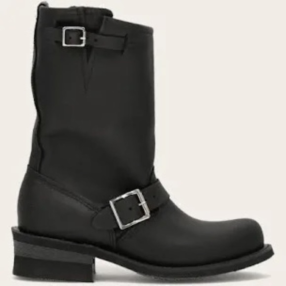 Frye Black Leather Buckle Engineer Mid-Calf Boots